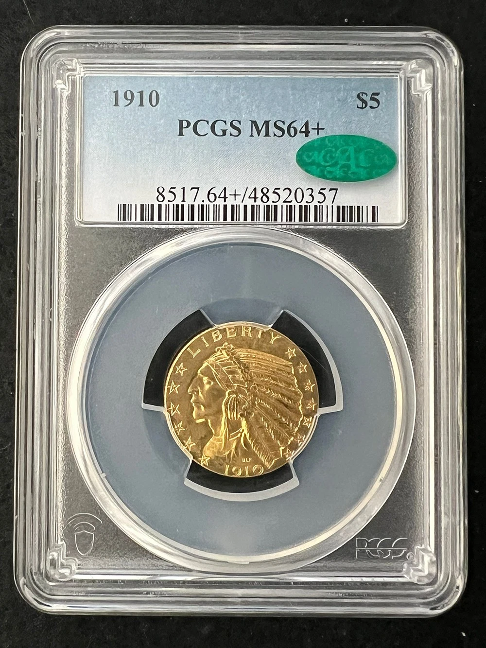 1910 $5 Gold Indian Head PCGS MS64+ (CAC) NICE!