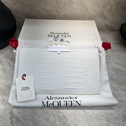 Alexander McQueen White Croc-Embossed Knuckle Clutch Skull Clasp w/ Dust Bag