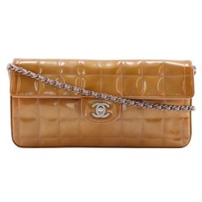 CHANEL Choco bar Brown Enamel Turn lock Shoulder Bag Gold Hardware Auth