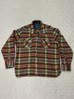 Vintage Arrow Wool Flannel Button Up Mens XL 70s 80s Loop Collar Red Yellow