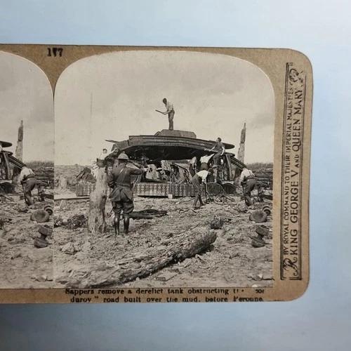 WW1 Military Stereoview C1916 Real Photo France Peronne Destroyed Mk IV Tank