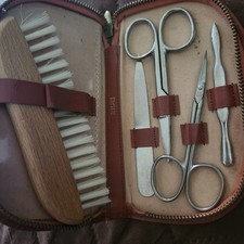 Vintage Travel Manicure Grooming Set w/ Brush Zippered Leather Case-GERMANY