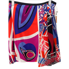 EMILIO PUCCI Silk Pleated Skirt Multicolor Blue Red Geometric 40 M Tag