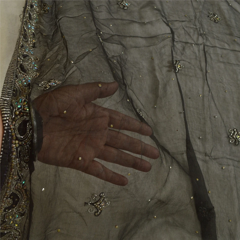 Санскрити винтажный длинный черный Dupatta/украл чисто шифоновое шелк вручную бисером шарфы - Изображение 2 из 4