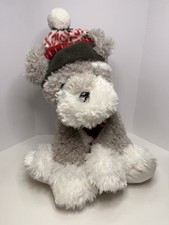 Hugfun Schnauzer Dog Plush Toy Stuffed Animal Winter Hat Scarf Gray White 12-14  