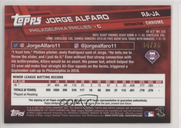 2017 Topps Chrome Rookie Auto X-Fractor /20 Jorge Alfaro #RA-JA Auto RC - Image 2 of 2