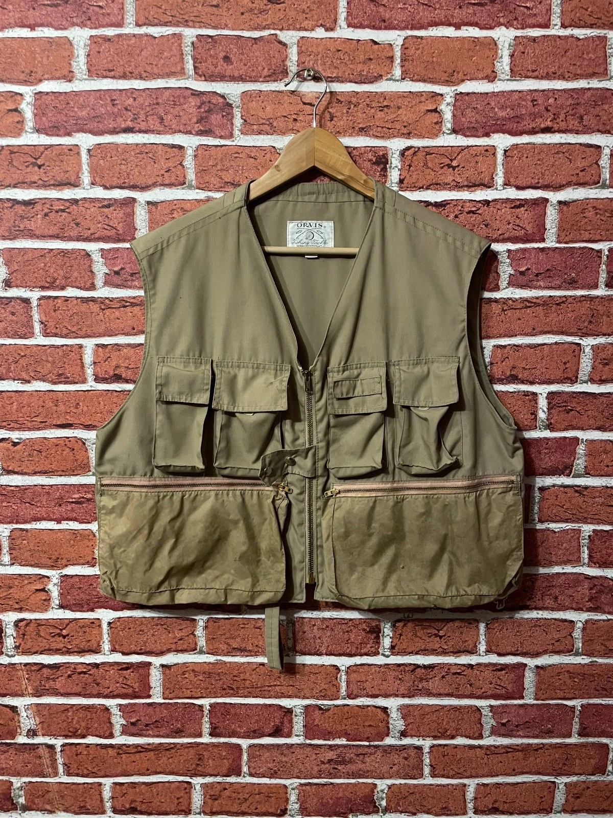 70s Vintage Orvis Fishing Vest Made In USA Khaki Talon Zip Utility Fishing Large
