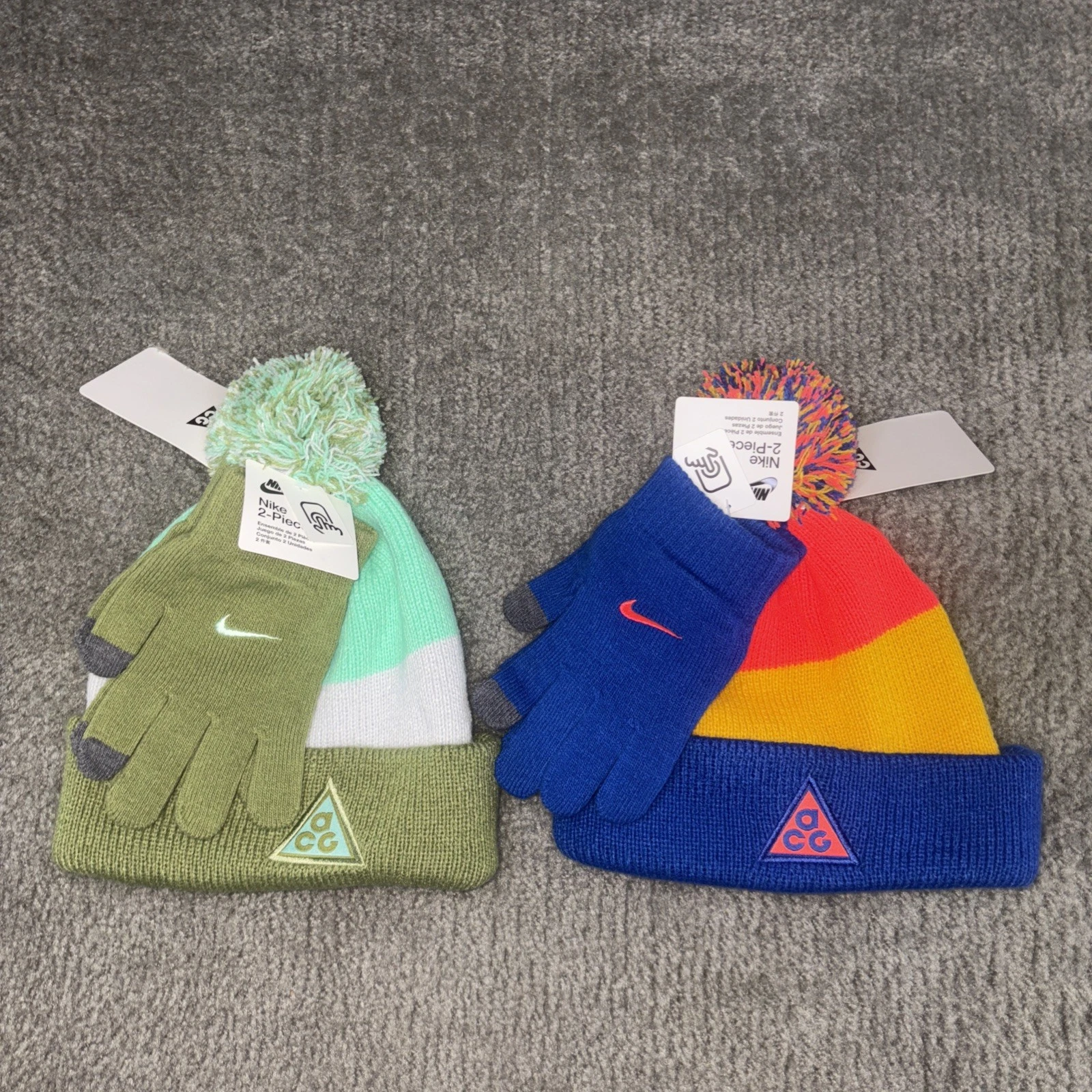 Lot Of 2 Nike ACG Big Kids Boys Girls Cuffed Pom Pom Beanie/Gloves Sets 8/20