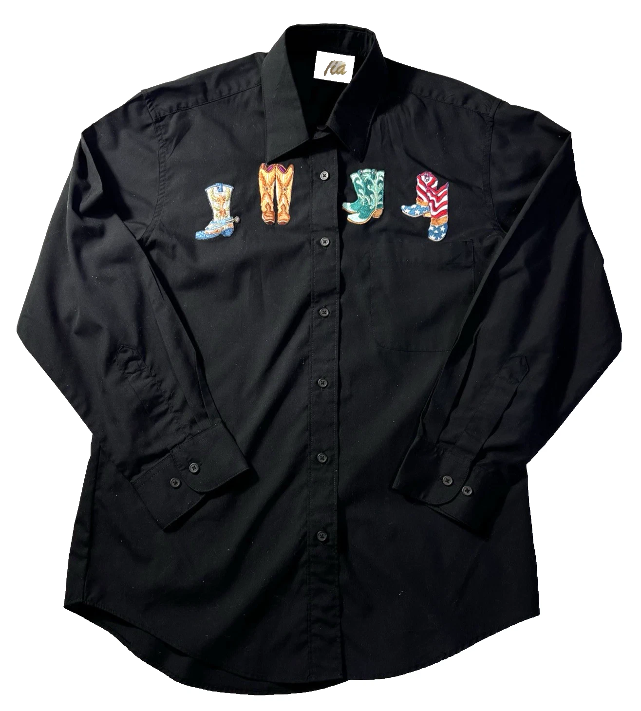 Tia Pompano Beach Black Cowboy Western Mens Small Button Embroidered Rodeo Shirt