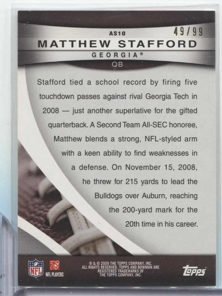 Matthew Stafford Georgia 2009 Topps Bowman RC 49/99 #AS10 012122MLCD53 - Image 2 of 2