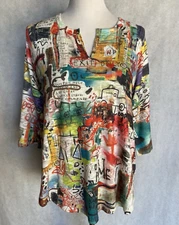 INOAH Size XS Oversized Graphic Print Colorful Boho 3/4 Sleeve Tunic Top Shirt