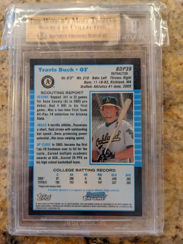 Bowman draft picks 2005 refractor Travis Buck BGS 9,5 gema como nuevo #39  Foto 2 de 2