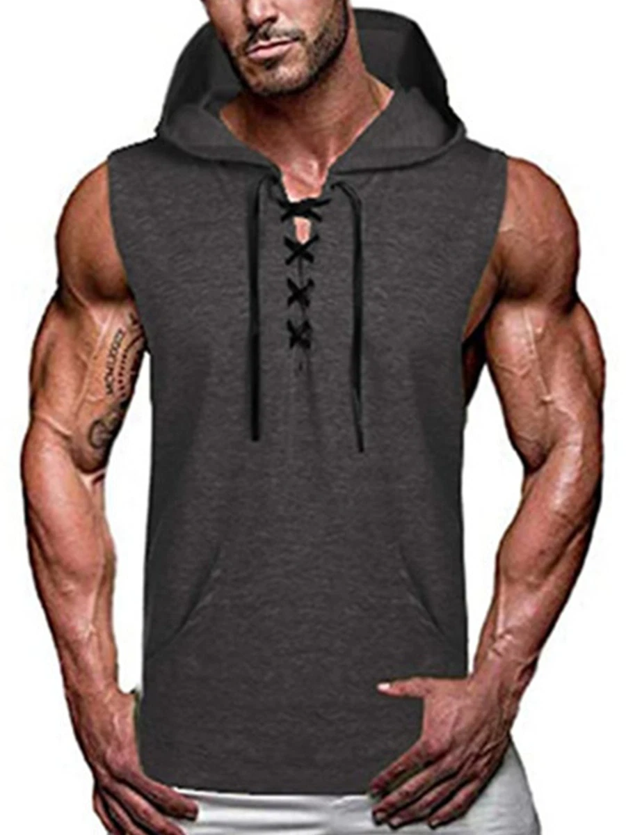 Men Casual Sleeveless Hooded Vest Tank Top T-shirt Sport Gym Lace-up Hoodie  Tee