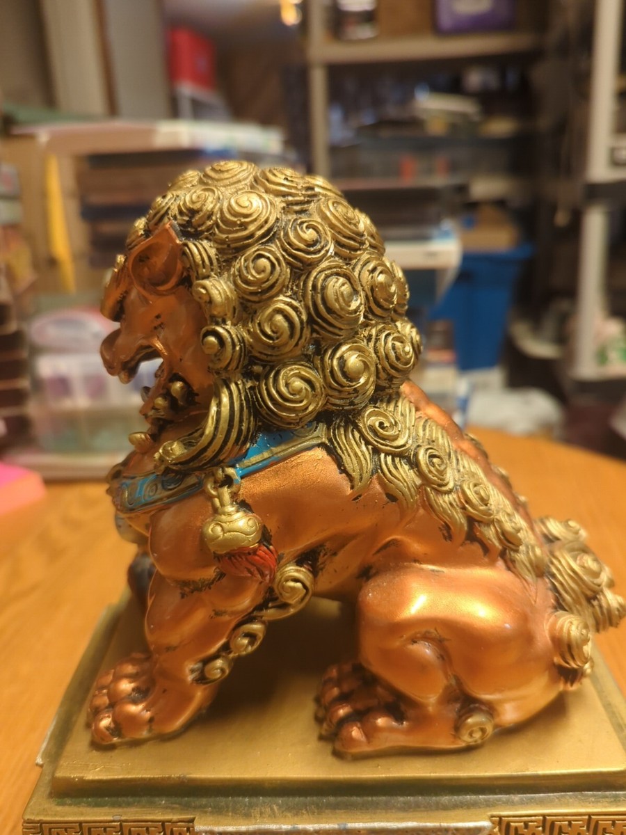 Vintage Chinese Asian ceramic Fu Foo Good Luck Bronze Gold Tone
