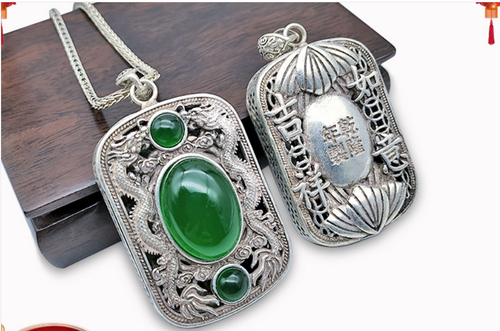 Xizang silver inlaid jasper double dragon pendant - Picture 2 of 4