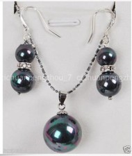 Fashion Women Rainbow Black Shell Pearl Pendant Necklace Earring Jewelry Set 17"