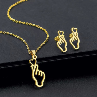 Kpop Finger Heart Love Elephant Teddy Bear Star Treble Music Necklace + Earrings