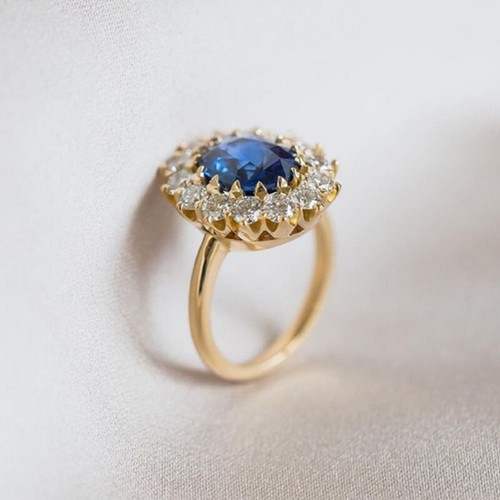 Vintage Style 3Ct Oval Cut Blue Sapphire Halo Ring 14K Yellow Gold Finish UK J-T - Picture 5 of 8