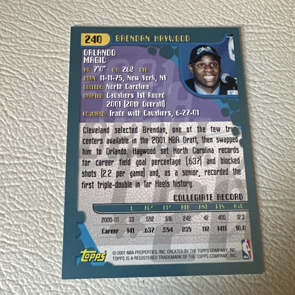 2001 TOPPS ROOKIE  #240 BRENDAN HAYWOOD BASKETBALL CARD Orlando Magic - Image 2 of 2