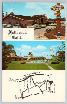 1960 Village Inn Motel & Restaurant Old Cars Fallbrook California Postcard
