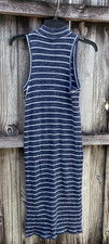 Splendid Fitted Sleeveless Maxi Dress Mock Neck Navy/White Striped Retro Boho S