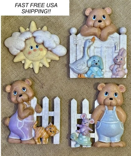 Vintage Nursery Ceramic Wall Hangings Hand Painted Finely Detailed @ 12" tall