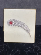 Vintage Shields Inc. White Enamel Powder Compact Rhinestones Feather Gold Tone