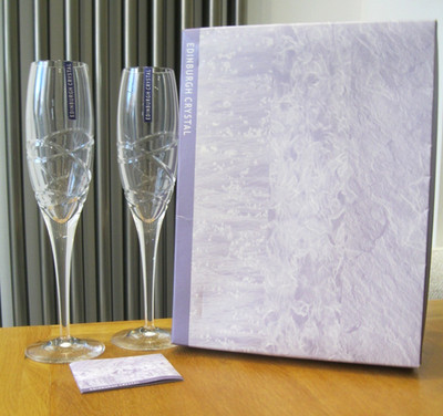 2x Edinburgh Crystal Eclipse Champagnerflöten 10'' - verpackt, beschriftet, signiert, NEU
