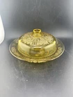 Vtg FEDERAL GLASS -Sharon Amber- Cabbage Rose, Rnd Butter Dish w Lid / Cover.VGC