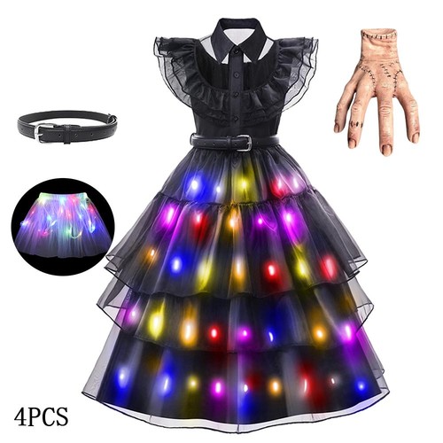 Merlina Costume Mercoledì Bambina Illuminazione LED Vestito Garza Nero per Halloween - Foto 27 di 32