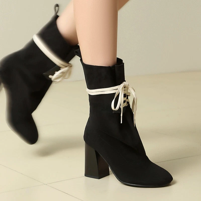 Женские ботильоны повседневные замшевые ботинки высоты коренастый каблуки шнурует вверх круглый носок ботинки - Изображение 3 из 4