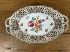Vintage Schumann Bavaria Dresden Flowers Reticulated Bowl  10" x 6"