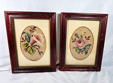 Vintage Needlepoint Pictures Floral Art Handmade Flower Wooden Frame