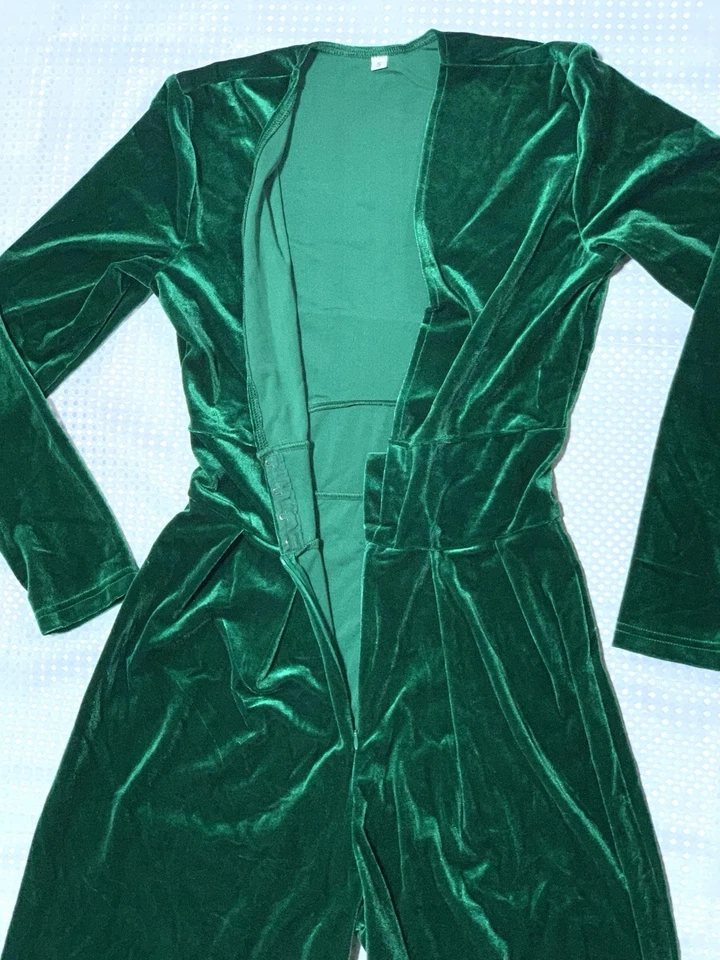 Mono de terciopelo para mujer, vestido con cuello en V, manga larga, cintura alta talla S. Verde Foto 4 de 4