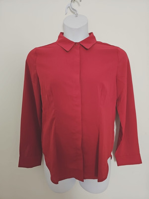 Skue Red Button Blouse size Large Collar Long Sleeve Button-Cuff Shirt Tail Hem