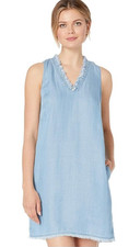 Tommy Bahama Womens Chambray Ruffle V Neck Sleeveless Frayed Hem Shirt Dress Med