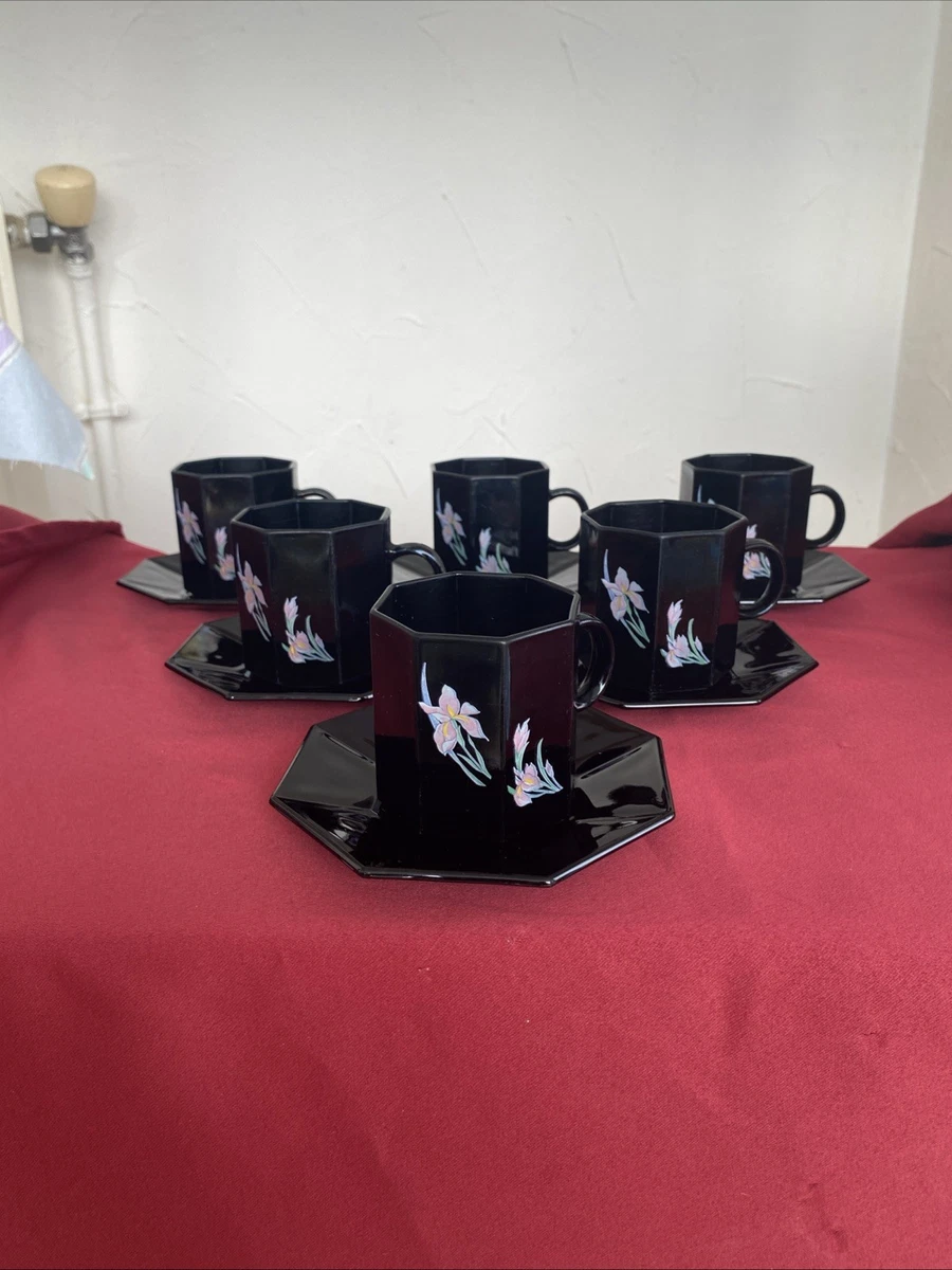 Lot De 6 Tasses à Café Et 6 Soucoupes Vintage – Arcorop Arcoroc – Noir – Neuf Avec Défaut