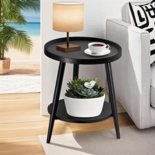 Black Side Table, Modern Side Table 2-Tier, Small Round End Table for Living ...