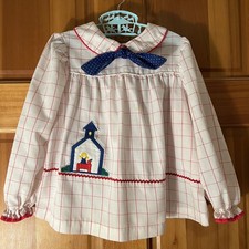 Vintage Little Bit toddler dress, 1980s, red and white with schoolhouse appliqu 