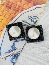 Yves Saint Laurent YSL 1962 Roger Scemama Black Crystals White Pearl Earrings
