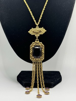 JUST WOW VINTAGE VICTORIAN STYLE GOLDETTE Signed Amethyst Glass Revival Necklace