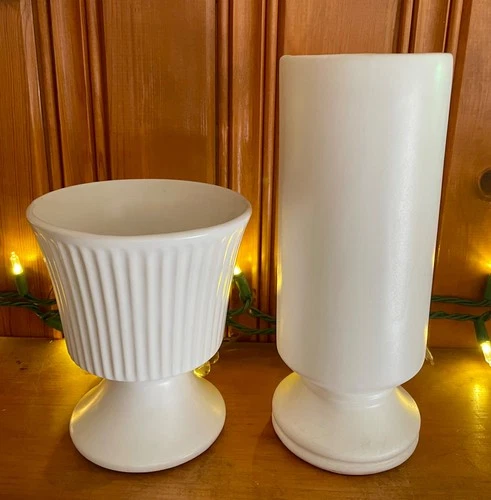 Vintage McCoy Floraline Pottery Vases- Two (2) 9” columnar; 6” ribbed matte ivor