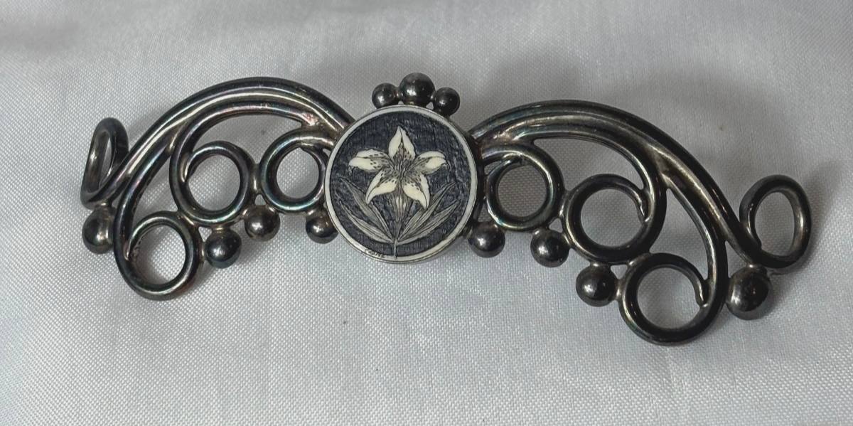 Vtg Guss Sterling Silver Bun Holder Hair Piece Carved Flower  display picture 1