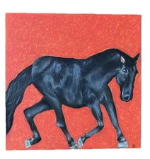 Naive Style Black Horse On GessoBoard. Signed by Artist Ready To Frame