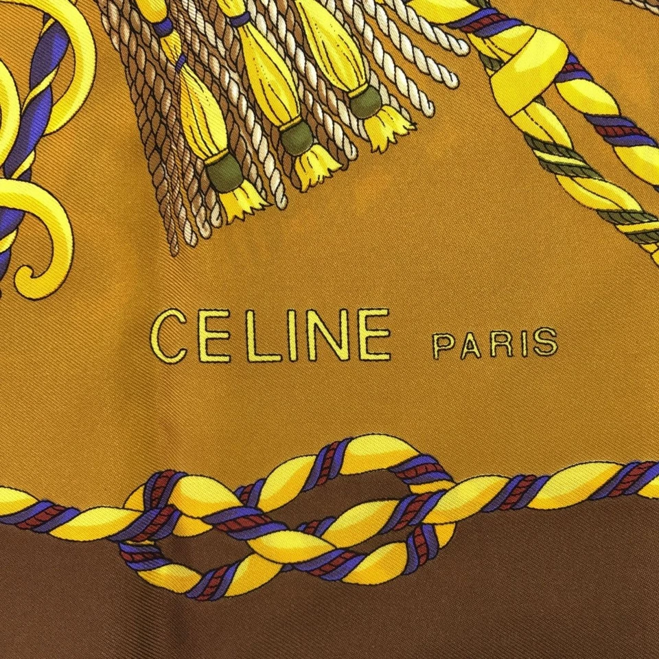 Celine Bufanda Grande 85cm 33′′ Cuadrada Seda Borla Marrón Foto 4 de 4