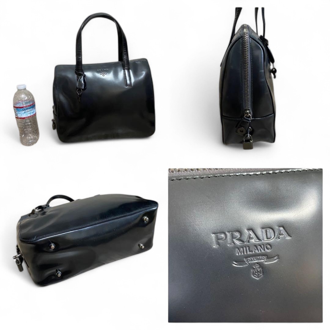 PRADA Patent Leather Mini Boston Tote Handbag Black Gray