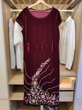 VINTAGE DRESS RED FITS UK 18-20 BEADED VELOUR VELVET SHORT SLEEVE MAXI PARTY
