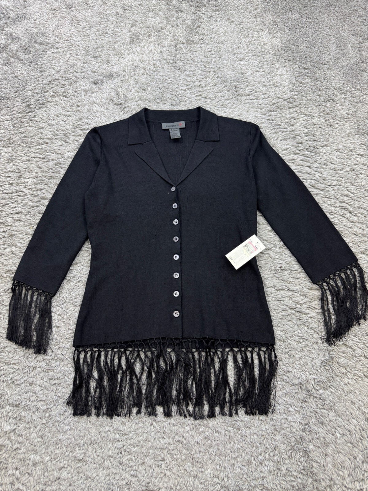 Company D Sweater Women Small Black Silk Fringe Tassel 3/4 Sleeve Cardigan NWT