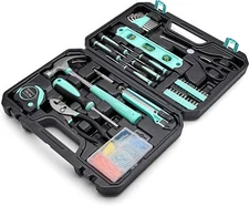 Sturdy 142 Piece Household Tool Kit with Storage Case, Turquoise,