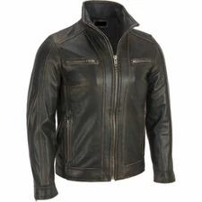 Men's Black Biker Rivet Motorcycle Faded Seam Genuine Cowhide Leather Jacket